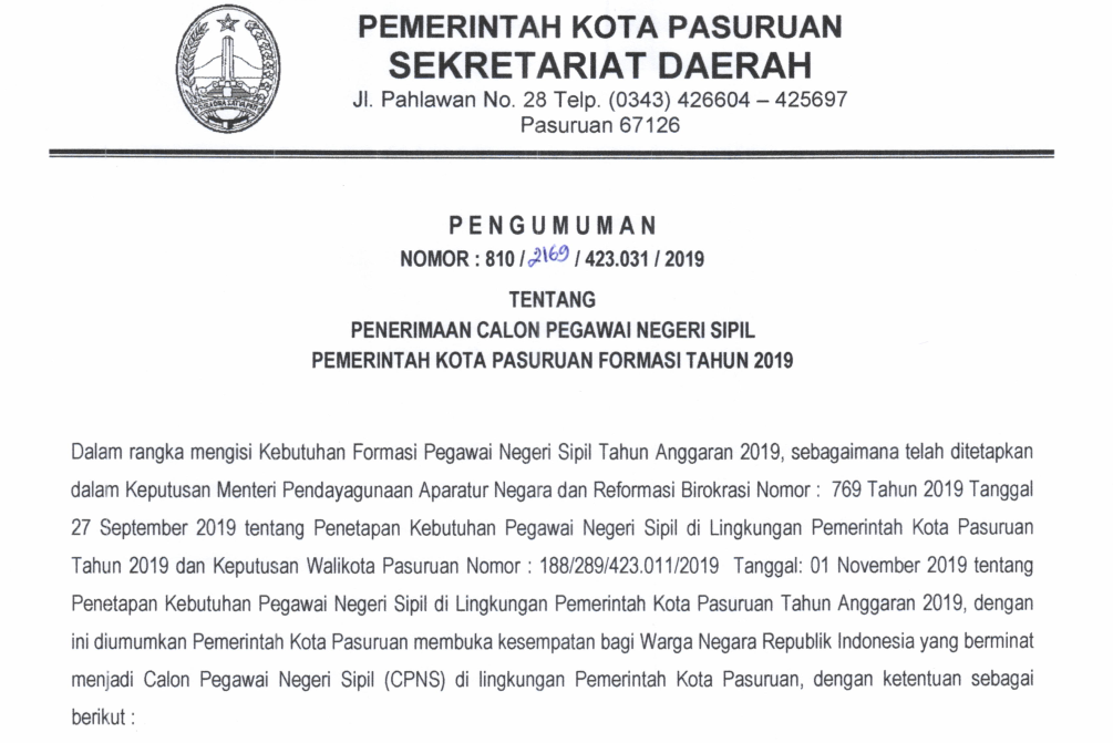 Penerimaan Cpns Pemerintah Kota Pasuruan Formasi Tahun 2019